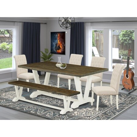 East West Furniture 6 Piece V-Style Modern Dining Set - Linen White V077BR202-6